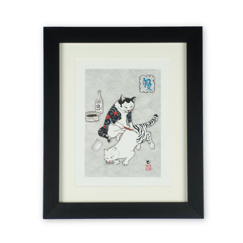 Framed Tebori Print Print Monmon Cats 